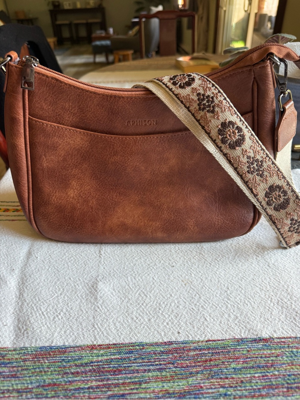 Adrienne Tan/Brown Faux-Leather Crossbody with Floral Jacquard Strap